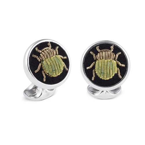 Best cufflinks with geometric shapes for a modern and artistic touch-Deakin & Francis Cufflinks Sterling Silver Embroidered Green And Gold Bug