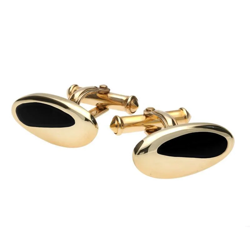 Best cufflinks with polished stainless steel for a sleek and modern look-9ct Yellow Gold Whitby Jet Freeform Oval Cufflinks D