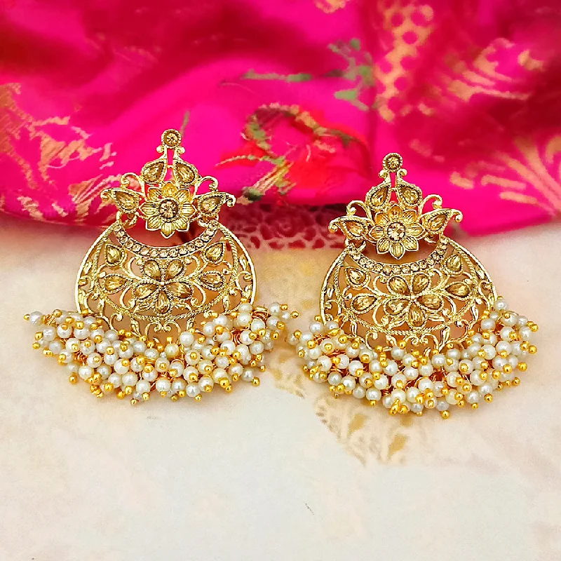 Drop Earrings with Leaf Motifs -Adi Gold Plated Brown Kundan And Pearl Dangler Earrings