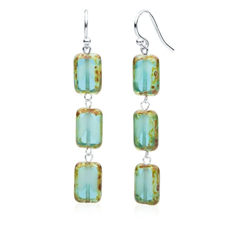 Drop Earrings for Valentine's Day -Aqua Glass Rectangle Beaded Drop Earrings