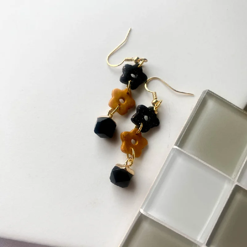 Floral Drop Earrings with Petals -BLACK AND GOLD FLOWER DROP EARRINGS