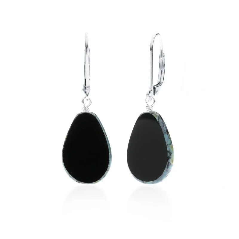 Drop Earrings with Crown Designs -Black Glass Beaded Teardrop Earrings