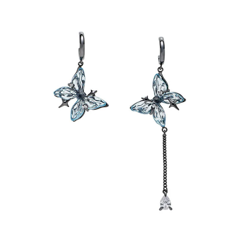 Heart Shaped Drop Earrings for Love -Blue Butterfly Tassel Asymmetrical Drop Earrings