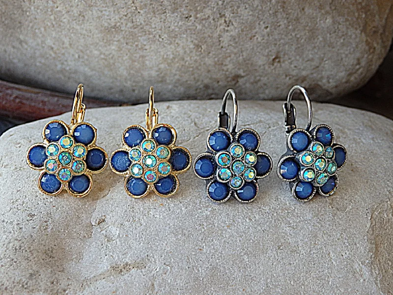 Drop Earrings with Etched Designs -Blue Flower Drop Earrings