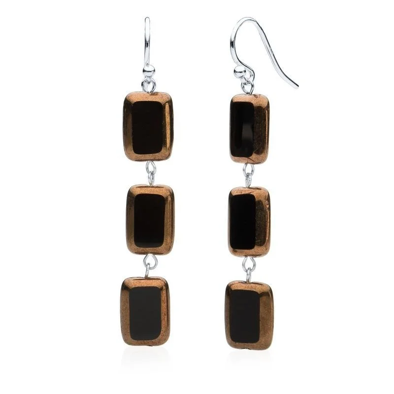 Drop Earrings for Graduation Day -Copper Black Glass Rectangle Beaded Drop Earrings