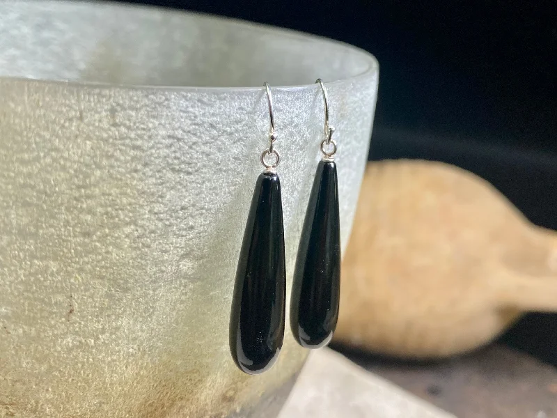 Drop Earrings with Crown Designs -Black Agate Drop Earrings