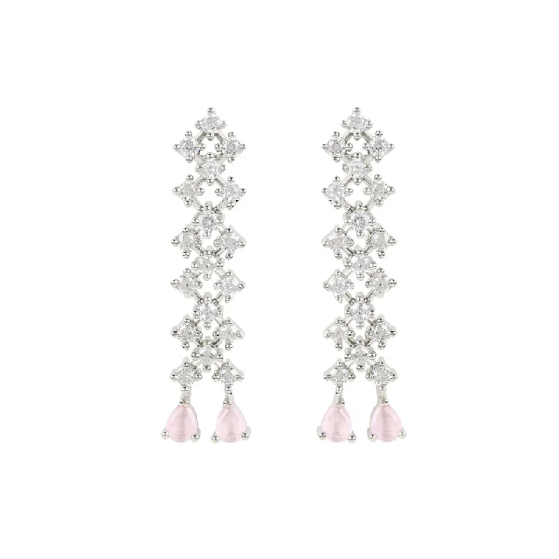 Indian Drop Earrings with Intricacy -Etnico Valentine's Special Silver Plated Glittering Crystal Pink AD Stone Dangle & Drop Earrings for Women & Girls (E3065ZPi)