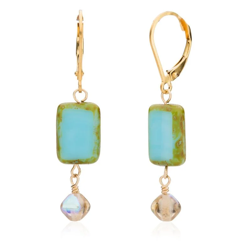 Drop Earrings with Knot Designs -Sky Blue Rectangle Crystal Dangle Drop Earrings, on 14k Gold Fill, Trilogy