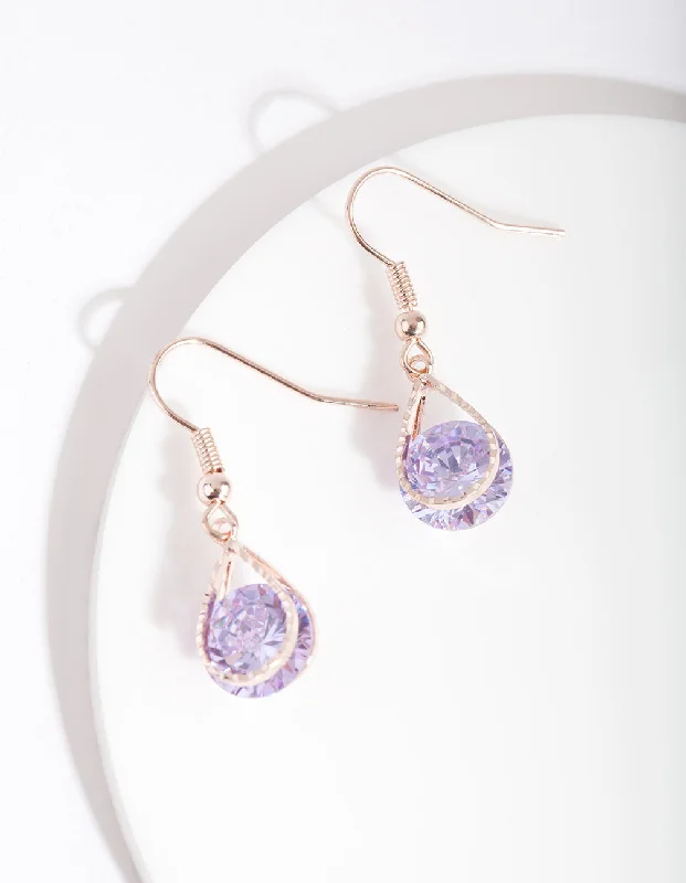 Star Shaped Drop Earrings for Charm -Rose Gold Cubic Zirconia Purple Diamante Teardrop Earrings