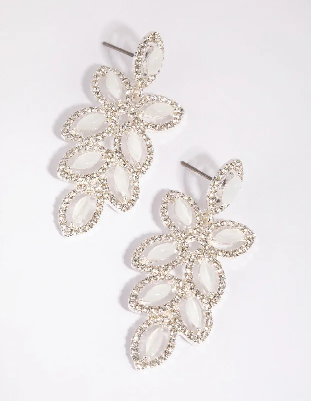 Long Drop Earrings for Dramatic -Silver Flower Cut Out Diamante Drop Earrings