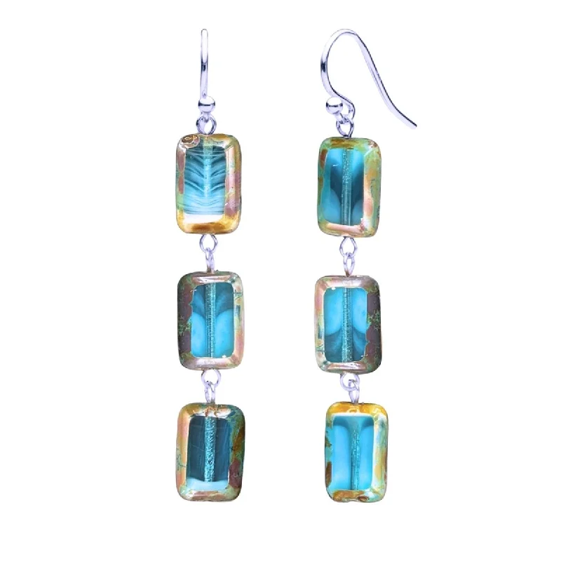 Crystal Drop Earrings for Sparkle -Teal Swirl Glass Rectangle Beaded Drop Earrings