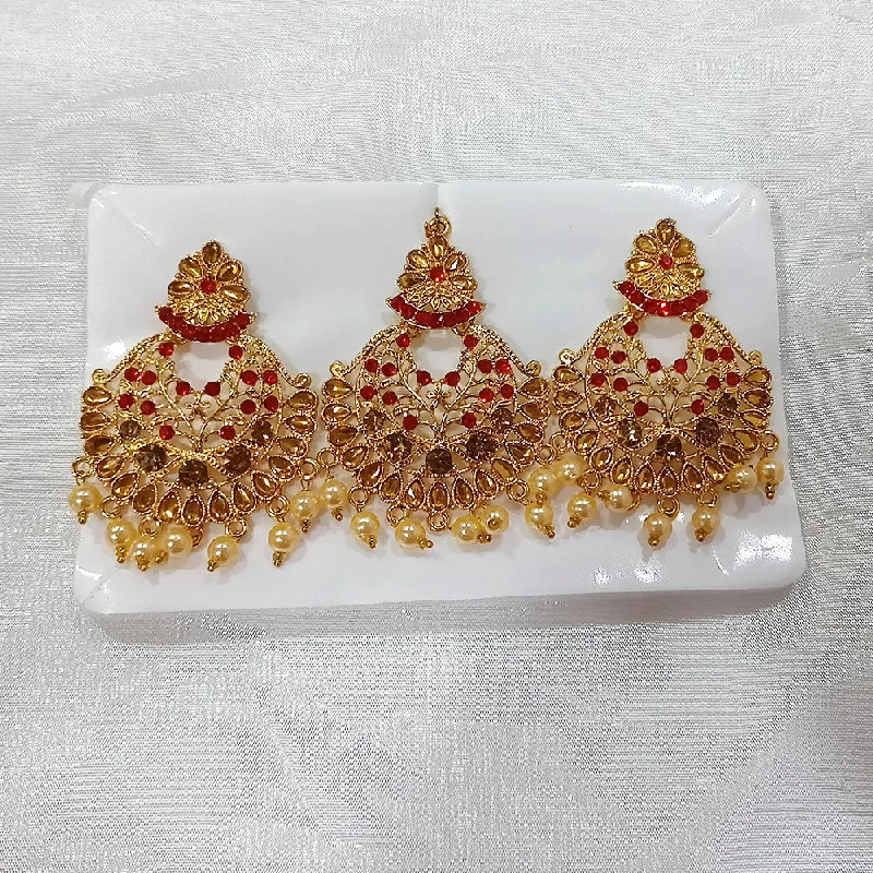 Detachable Drop Earrings with Charms -Darshan Gold Plated Red Austrian Dangler Earrings With Maang tikka