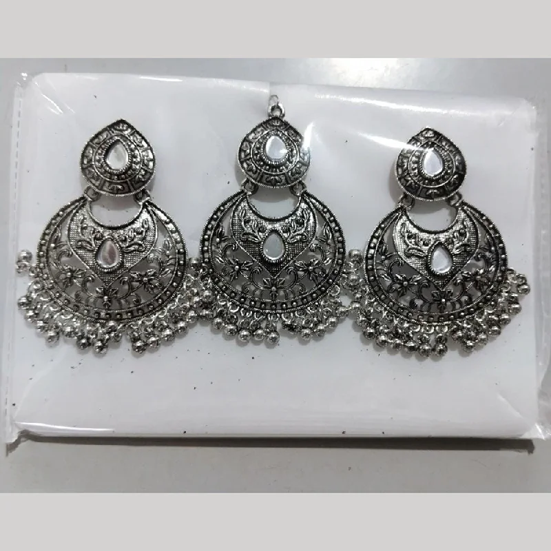 Drop Earrings with Crown Designs -Darshan Jewellers Oxidized Plated Pack Of 12 Dangler Earrings With Maang Tikka