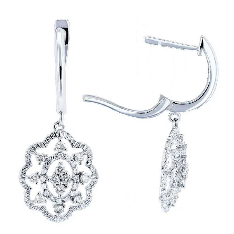 Drop Earrings for School Uniform -Diamond Floral Latch Back Drop Earrings 2/5 CTW 10k White Gold