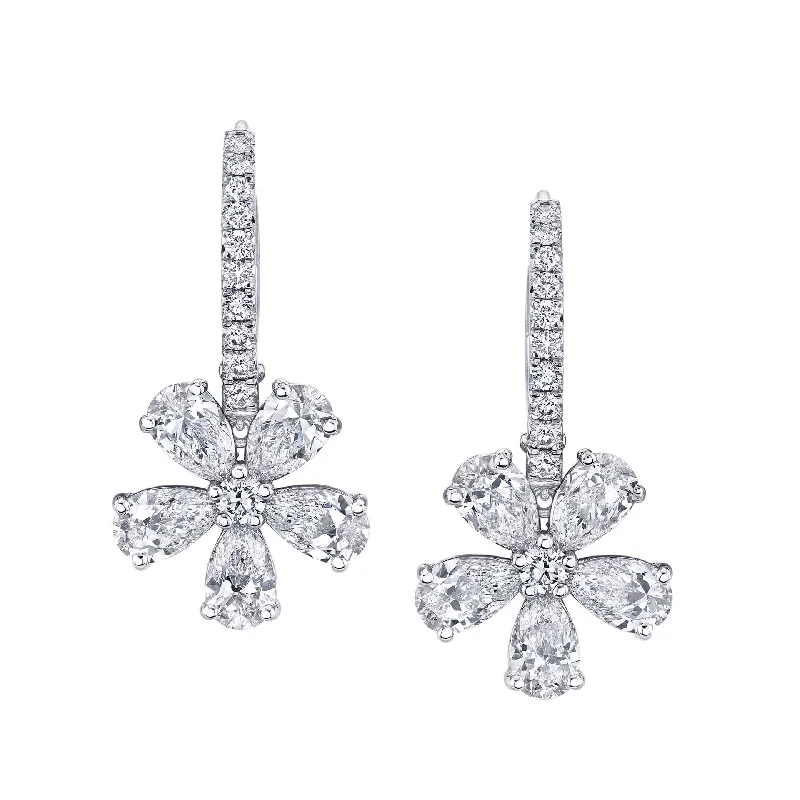 Drop Earrings with Leaf Motifs -Diamond Floret Drop Earrings in 18k White Gold