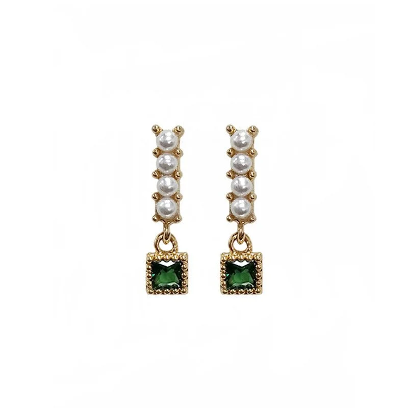 Drop Earrings for Yoga Session -Emerald and Pearl Square Drop Earrings