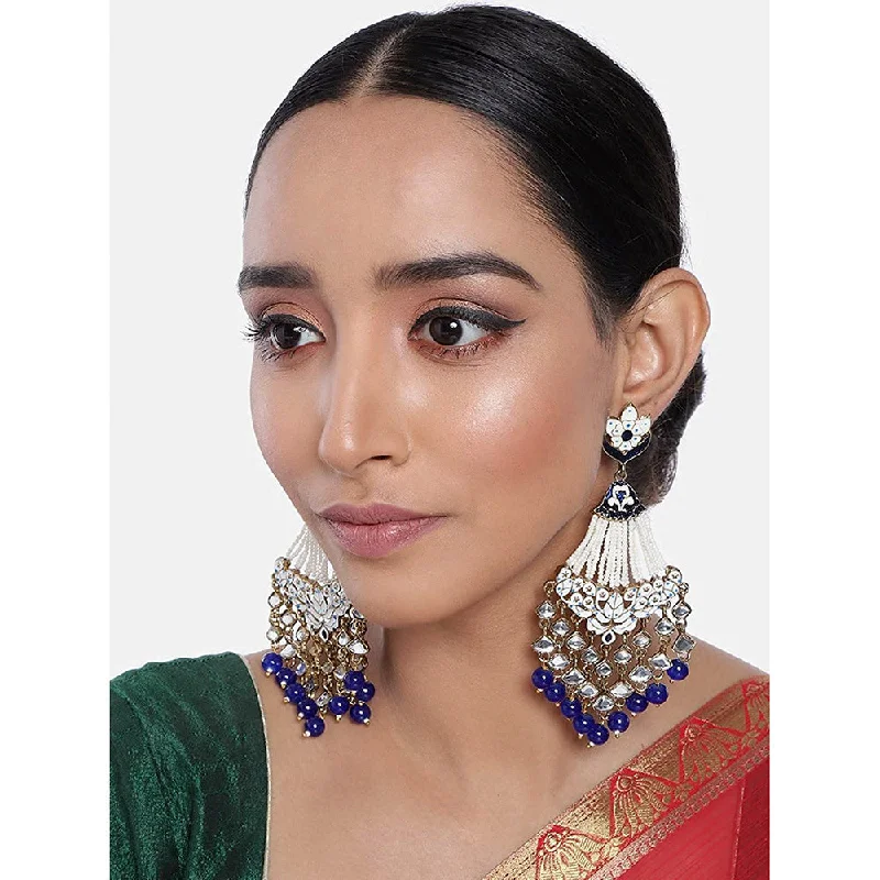 Pearl Drop Earrings for Elegance -Etnico 18K Gold Plated Ethnic Meenakri Dangler Earrings studded with Kundan for Women/Girls (E2792Bl)