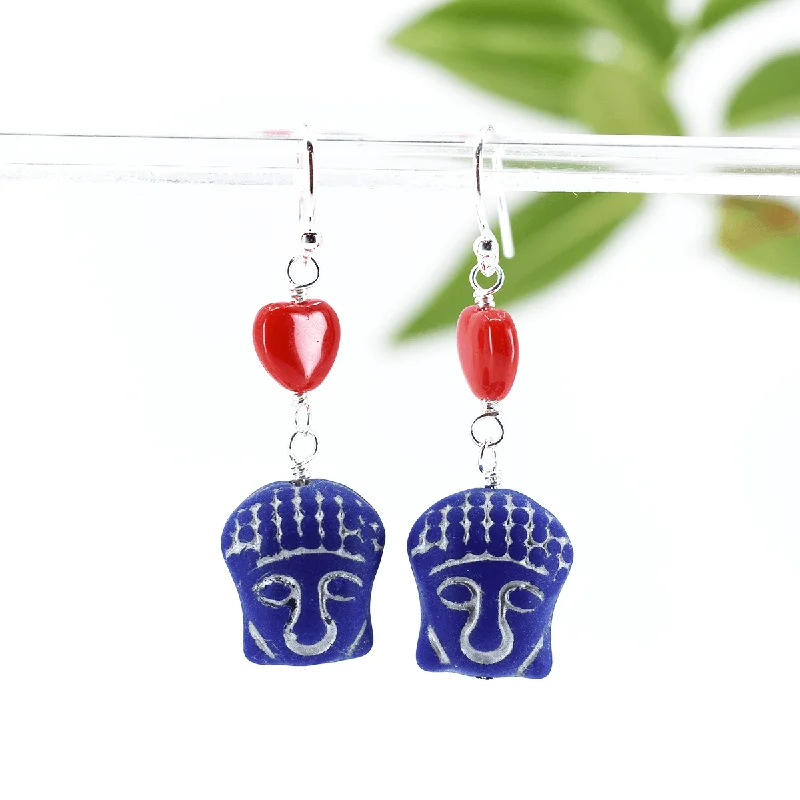 Drop Earrings for Valentine's Day -Blue Buddha Drop Earrings, SALE