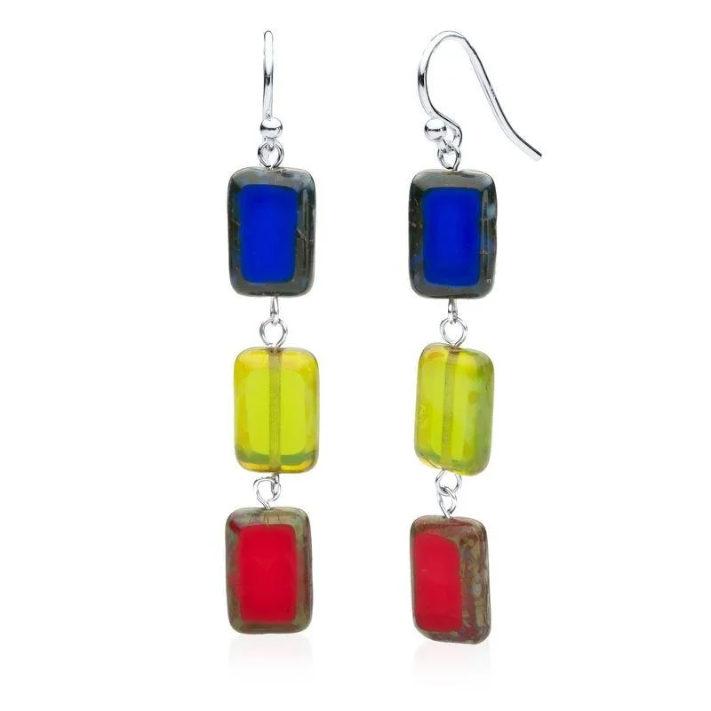 Drop Earrings with Etched Designs -Rainbow Mix Glass Rectangle Beaded Drop Earrings