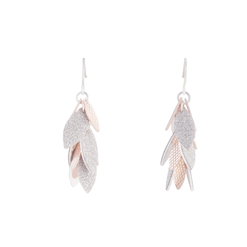 Oval Drop Earrings for Grace -Silver Rose Gold Glitter Leaf Drop Earrings