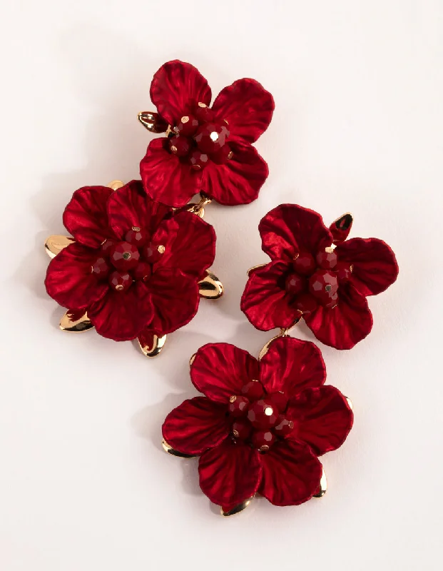 Punk Drop Earrings with Spikes -Red Large Pearlised Flower Drop Earrings