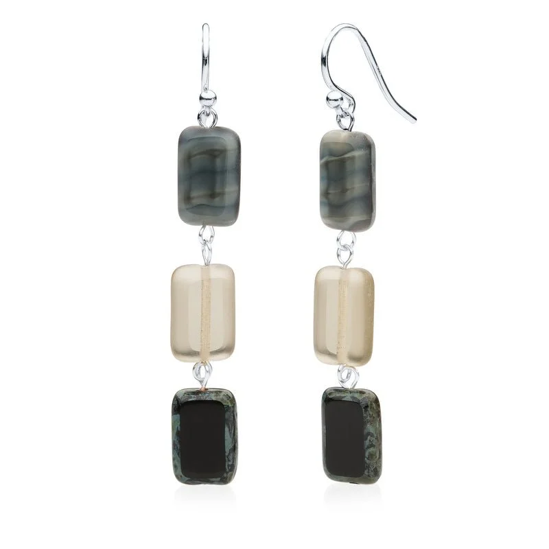 Drop Earrings for Birthday Celebration -Gray Mix Glass Rectangle Beaded Drop Earrings