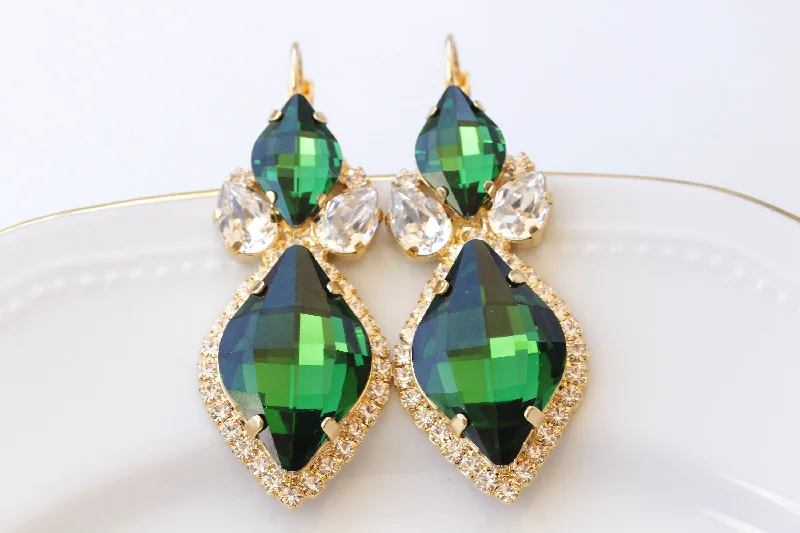 Drop Earrings with Crown Designs -GREEN DROP EARRINGS