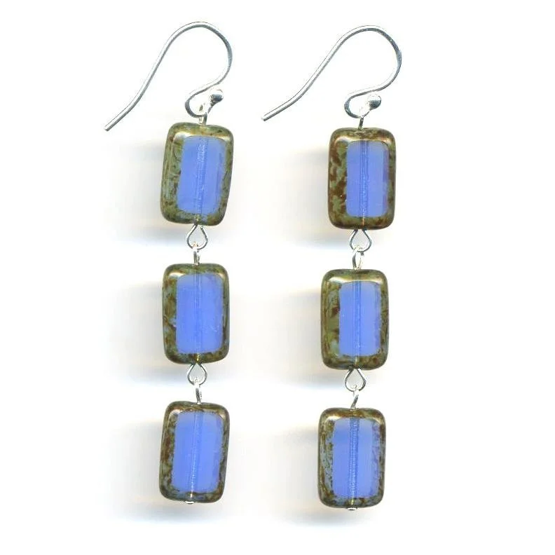 Drop Earrings with Textured Surface -Hydrangea Blue Glass Rectangle Beaded Drop Earrings