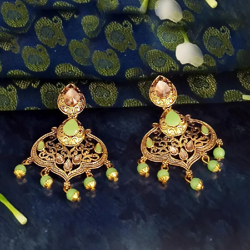 Ethnic Drop Earrings with Tribal Design -JD Arts Antique Gold Plated Kundan Green Beads Dangler Earrings - 1317625G