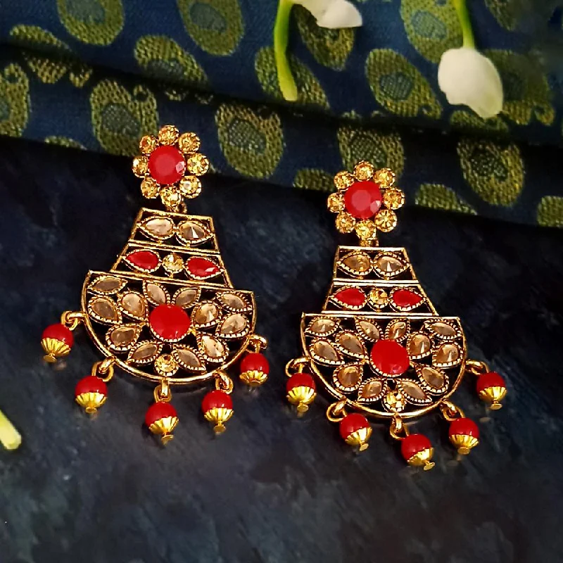 Minimalist Drop Earrings with Simplicity -JD Arts Antique Gold Plated Kundan Red Beads Dangler Earrings - 1317623B