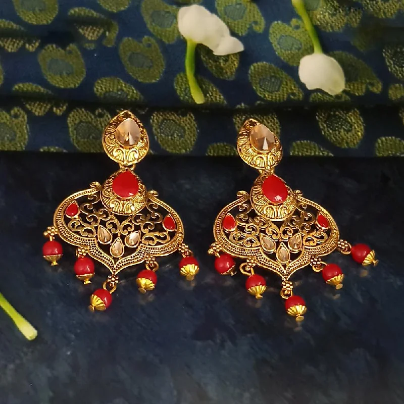 Punk Drop Earrings with Spikes -JD Arts Antique Gold Plated Kundan Red Beads Dangler Earrings - 1317625B