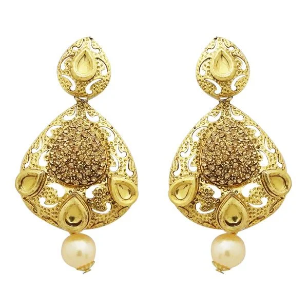 Drop Earrings with Debossed Designs -Jheel Brown Stone Gold Plated Pearl Drop Dangler Earrings - 2900229A