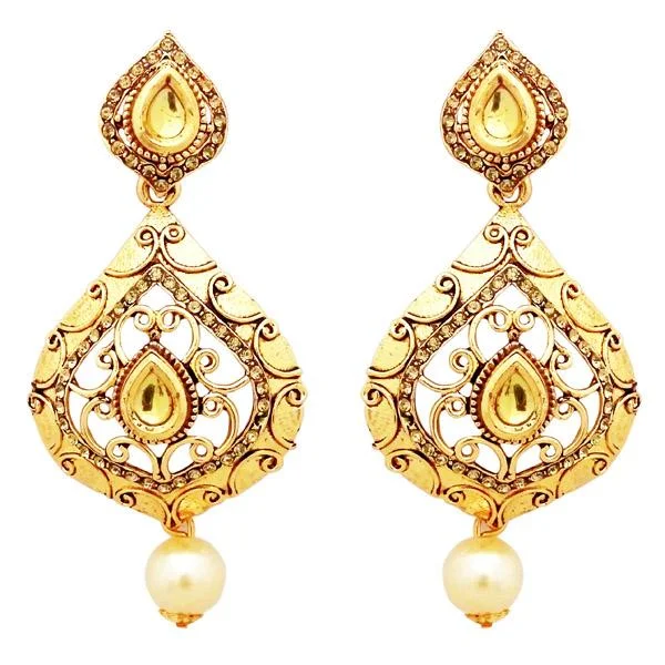 Drop Earrings with Embossed Patterns -Jheel Stone Gold Plated Pearl Drop Dangler Earrings - 2900230A