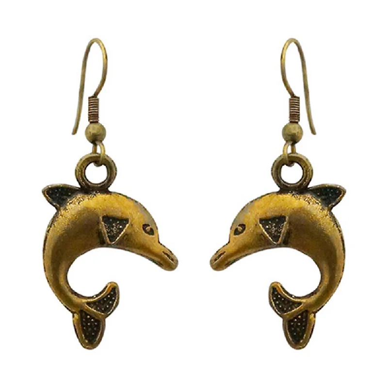 Drop Earrings for Work Attire -Kriaa Antique Gold Plated Dolphin Dangler Earrings