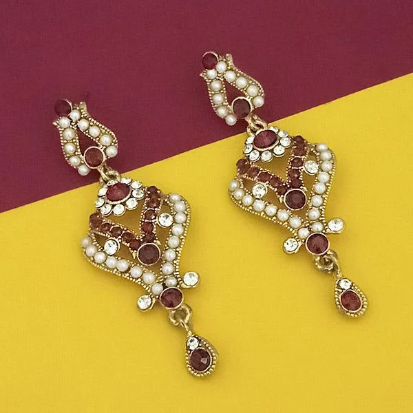 Drop Earrings with Wave Designs -Kriaa Brown Stone Gold Plated Dangler Earrings