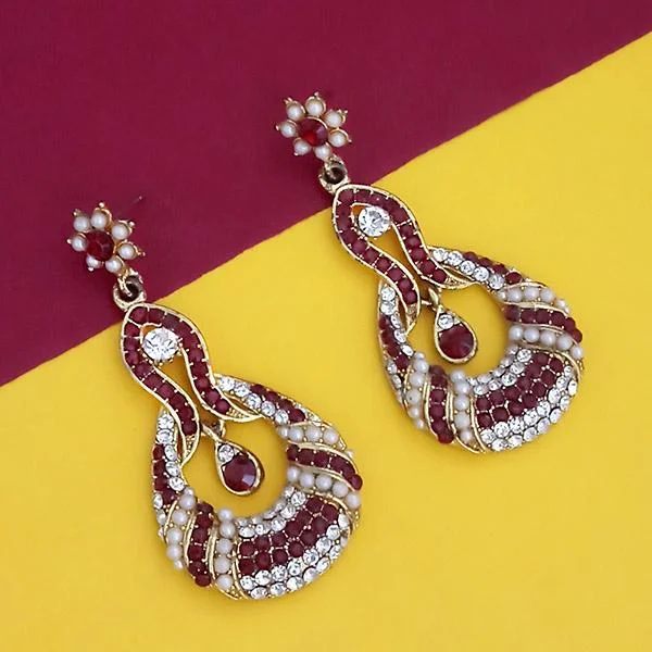 Drop Earrings with Vine Designs -Kriaa Gold Plated Maroon Stone Dangler Earrings