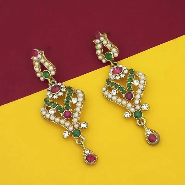 Drop Earrings with Chevron Designs -Kriaa Gold Plated Pink Green Stone Dangler Earrings