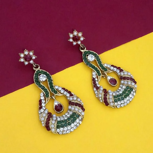 Drop Earrings with Crown Designs -Kriaa Maroon Green Austrian Stone Gold Plated Dangler Earrings