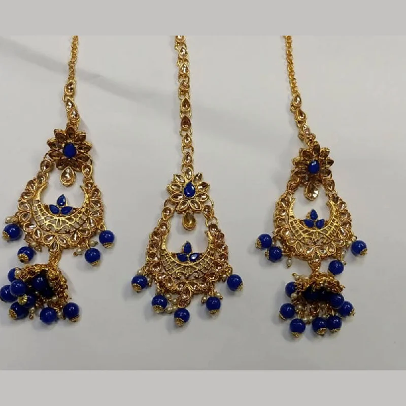 Vintage Drop Earrings with Patina -Kumavat Jewels Kundan Stone & Beads Dangler Earrings With Maang Tikka