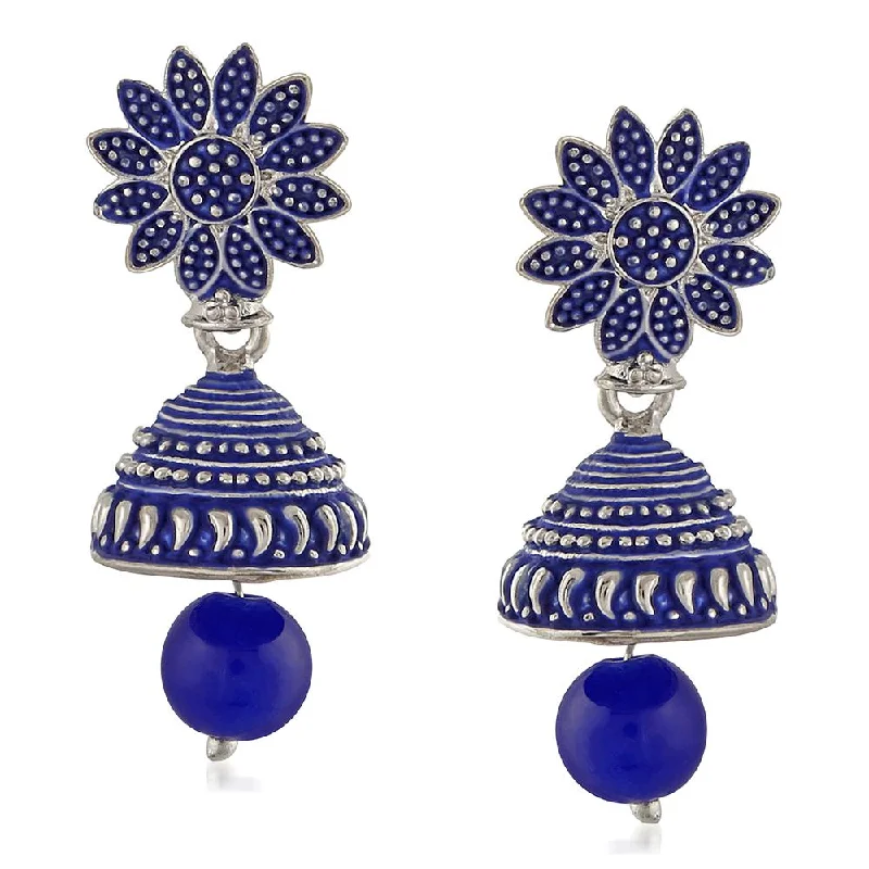 Drop Earrings for Mother's Day -Mahi Meenakari Work Blue Artificial Bead Floral Jhumka Drop Earrings for Women (ER1109684R)