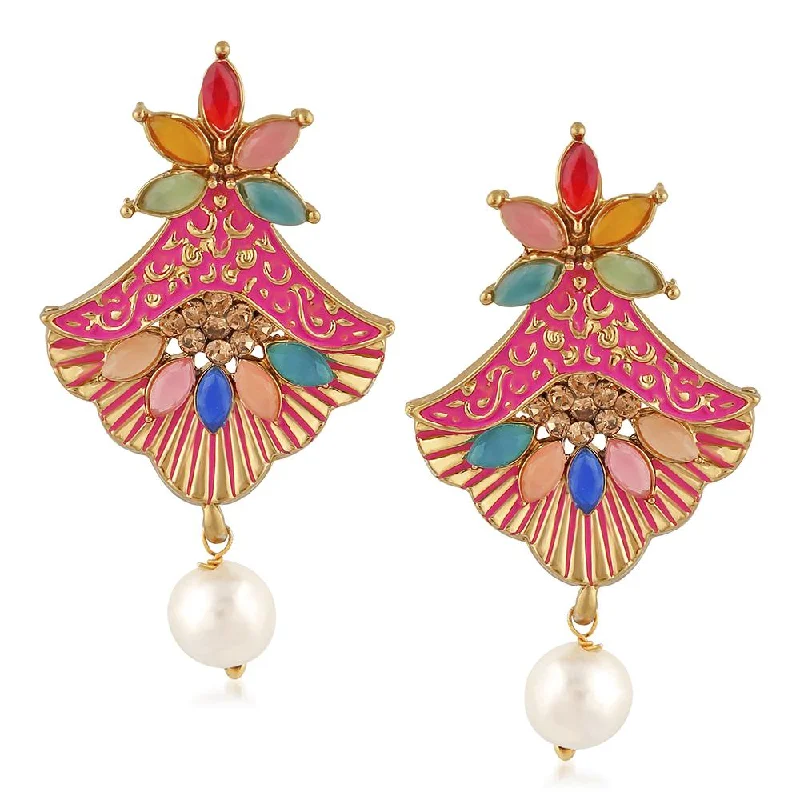 Drop Earrings with Leaf Motifs -Mahi Meenakari Work Floral Dangler Earrings with Crystal and Artificial Pearl for Womens (ER1109671G)