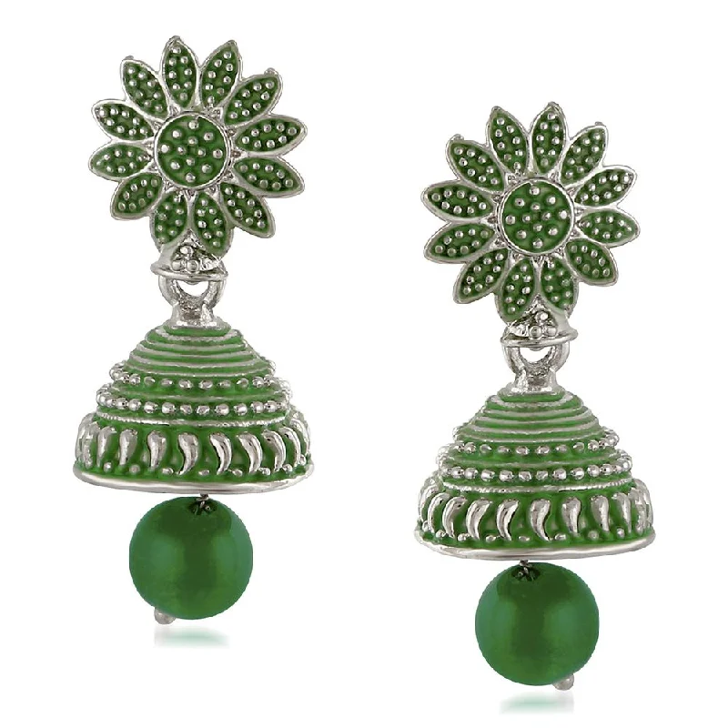 Drop Earrings for Valentine's Day -Mahi Meenakari Work Green Artificial Bead Floral Jhumka Drop Earrings for Women (ER1109685R)