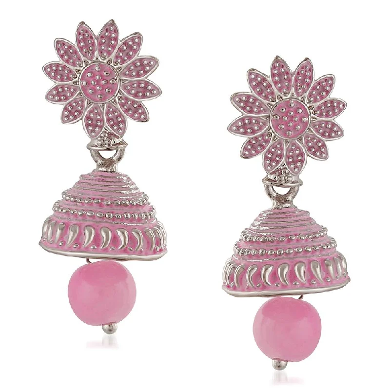 Drop Earrings for Graduation Day -Mahi Meenakari Work Light Pink Artificial Bead Floral Jhumka Drop Earrings for Women (ER1109687R)