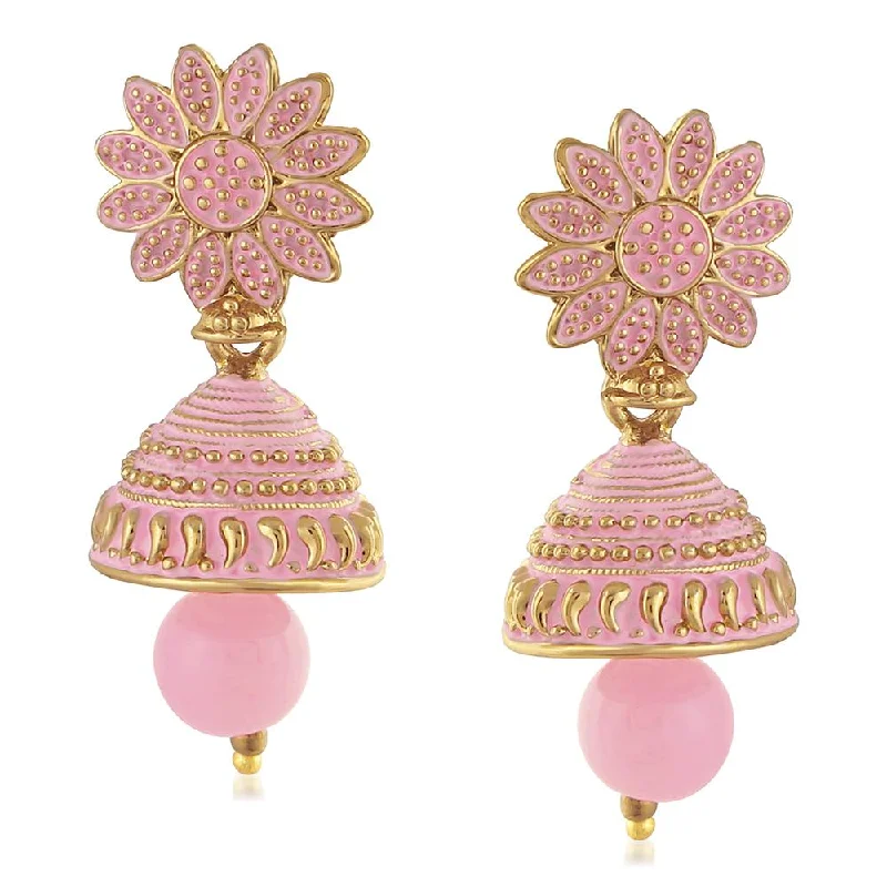 Drop Earrings with Debossed Designs -Mahi Meenakari Work Light Pink Artificial Bead Floral Jhumka Drop Earrings for Women (ER1109693G)