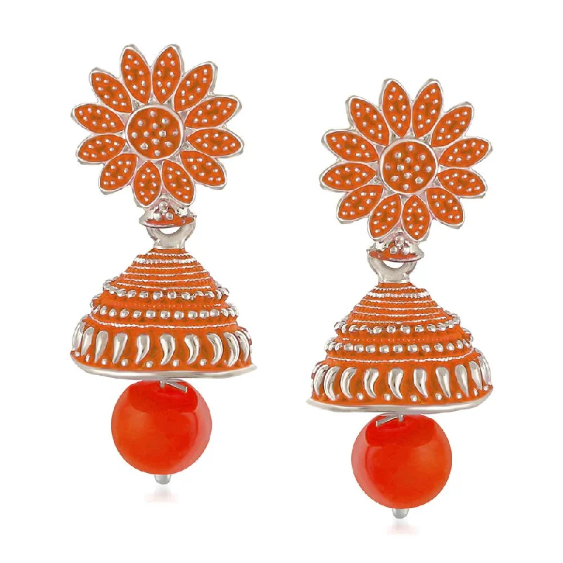 Drop Earrings for Prom Night -Mahi Meenakari Work Orange Artificial Bead Floral Jhumka Drop Earrings for Women (ER1109688R)