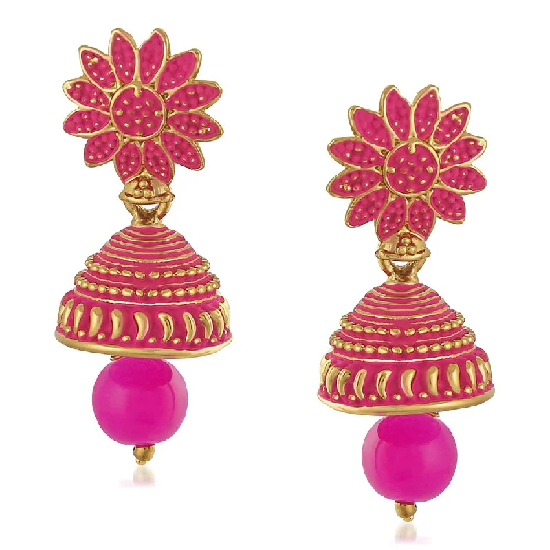 Drop Earrings for Wedding Ceremony -Mahi Meenakari Work Pink Artificial Bead Floral Jhumka Drop Earrings for Women (ER1109692G)