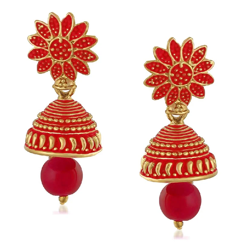 Drop Earrings with Embossed Patterns -Mahi Meenakari Work Red Artificial Bead Floral Jhumka Drop Earrings for Women (ER1109695G)