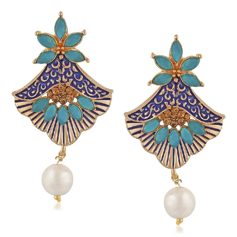 Drop Earrings with Floral Motifs -Mahi Meenakari Work Rosegold Plated Floral Dangler Earrings with Crystal and Artificial Pearl for Womens (ER1109672Z)