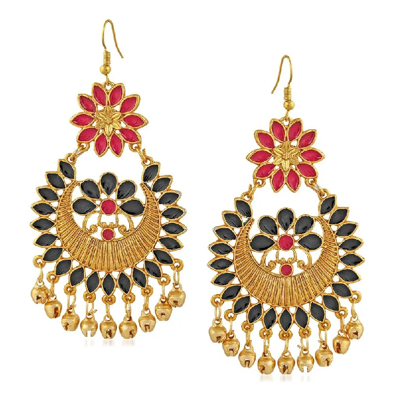 Drop Earrings for Travel Look -Mahi Red and Black Meenakari Work Floral Dangler Earrings with Ghungroo for Women(VECJ100217Red)