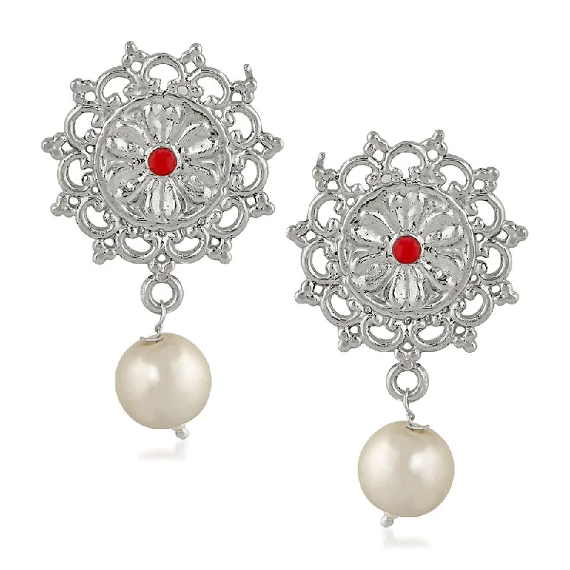 Drop Earrings for Office Wear -Mahi Red Kundan and Artificial Pearl Traditional Floral Dangler Earrings for Women (VECJ100235)